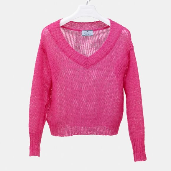 Prada Neon Pink Knit V-Neck Sweater - Picture 1 of 11